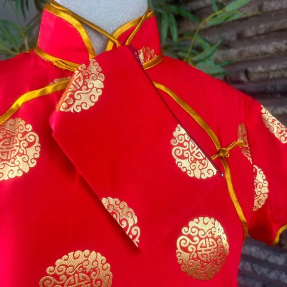 Chinese Vintage Red with Gold Traditional Cheongsam Qipao Maxi Dress - Picture 2 of 8